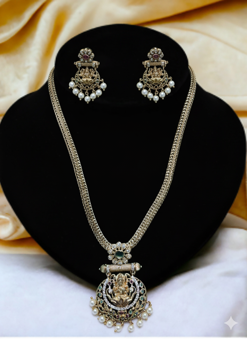 Lightweight Laxmi Devi Pendant Gold Tone Necklace Set