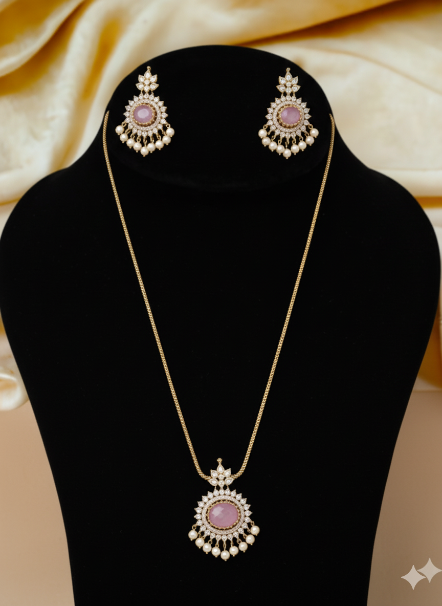 Simple & Elegant Gold Plated Round Pink Stone Necklace Set
