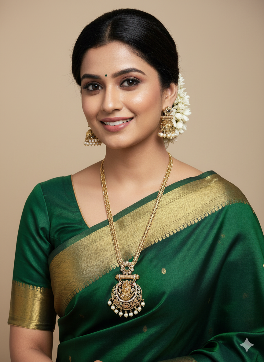 Lightweight Laxmi Devi Pendant Gold Tone Necklace Set - Image 2